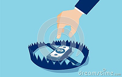 Vector of a businessman trying to reach money trap with dollar banknotes Stock Photo