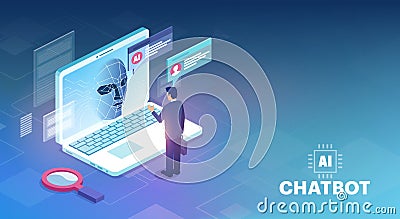 Vector of a businessman using a chatbot, artificial intelligence chat bot robot application Vector Illustration