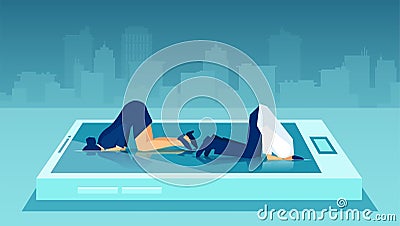 Vector of a businessman and woman hiding their heads in smartphone escaping from problems like ostrich Vector Illustration