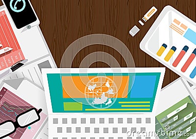 Vector Businessman with a work area and desk phone communication technology with graph paper, pens, papers flat design Vector Illustration