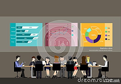 Vector Businessmen brainstorm meeting together with graphs and statistics display flat design Vector Illustration