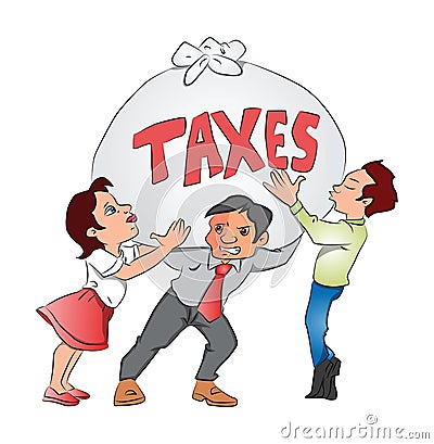 Vector of businessmen and businesswoman holding a heavy sack of tax Vector Illustration