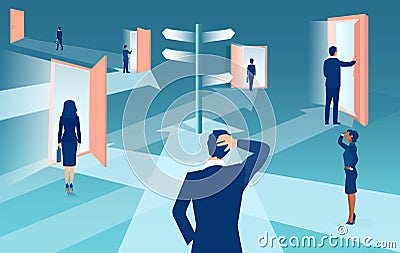 775Vector of businesspeople choosing the right career path following intersecting paths to doors with central signpost Vector Illustration