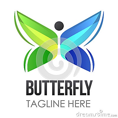 Vector butterfly abstract logo template with two symmetrical wings in blue and green color. Colorful modern butterfly icon design Vector Illustration