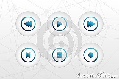 Vector buttons symbols. Play, stop, rewind, forward, pause, record circle signs on triangle abstract backgound. Icons for audio Vector Illustration