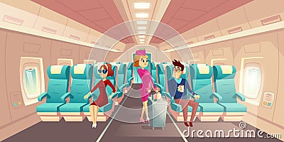 Vector cabin of plane with stewardess, passengers Vector Illustration