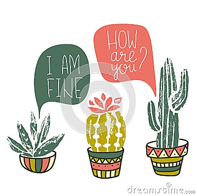 Vector Cactus hand-drawn poster. Grunge silhouette print linocuts. Vector Illustration