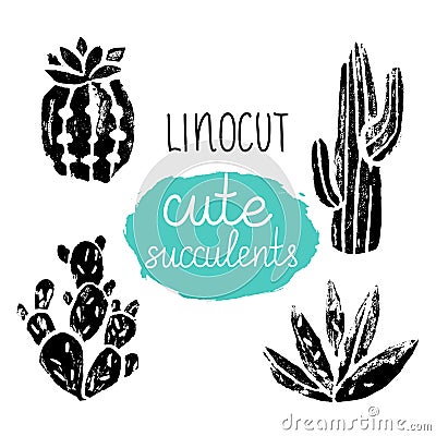 Vector Cactus hand-drawn poster. Grunge silhouette print linocuts. Vector Illustration