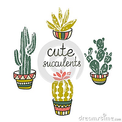 Vector Cactus hand-drawn poster. Grunge silhouette print linocuts. Cacti on the white background. Vector Illustration