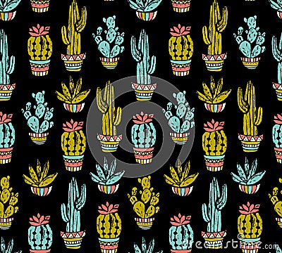 Vector Cactus hand-drawn seamless pattern. Grunge silhouette print linocuts. Vector Illustration