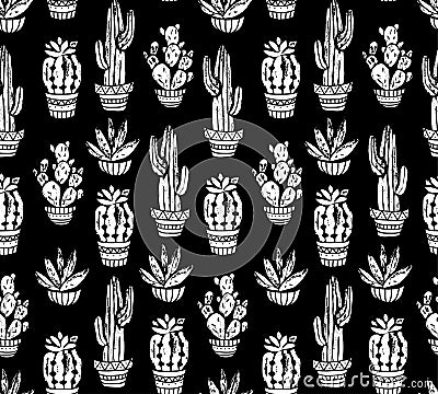 Vector Cactus hand-drawn seamless pattern. Grunge silhouette print linocuts. Vector Illustration