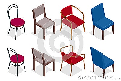 Vector cafe chair collection. Flat 3d vector isometric cafe chairs illustration. Vector Illustration