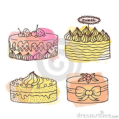 Vector cake illustration. Set of 4 hand drawn cakes with colorful watercolor splashes. Cakes with cream and berries. Cartoon Illustration