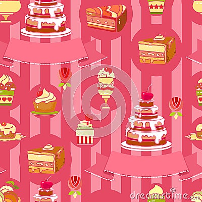 Vector Cake seamless pattern. Cute various desserts. Vector Illustration