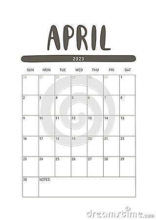 Vector Calendar for April 2023. Stationery Design for Printable Vector Illustration