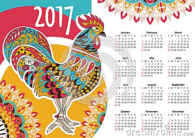 Vector calendar 2017. Colorful rooster Vector Illustration