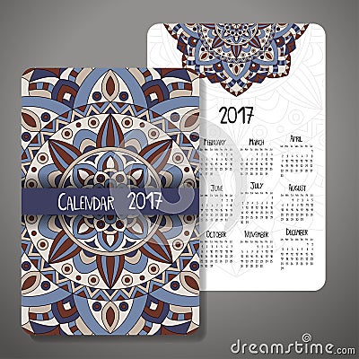 Vector calendar 2017 with decoraive elements. Vector mandala design. Vector Illustration