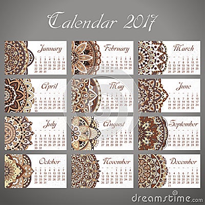 Vector calendar 2017 with decoraive elements. Vector mandala design. Template can be used for web and print design. Vector Illustration