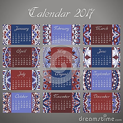 Vector calendar 2017 with decoraive elements. Vector mandala design. Template can be used for web and print design. Vector Illustration