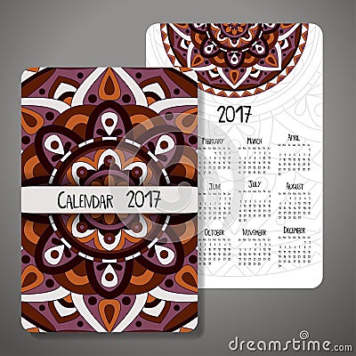 Vector calendar 2017 with decoraive elements. Vector mandala design. Template can be used for web and print design. Vector Illustration