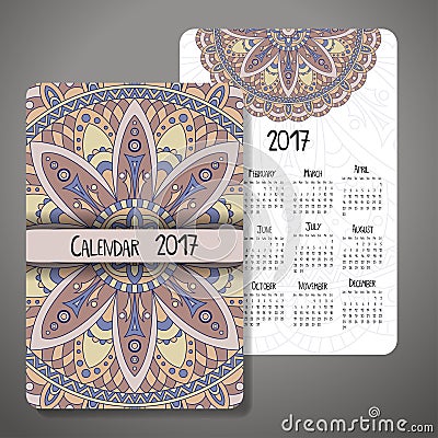 Vector calendar 2017 with decoraive elements. Vector mandala design. Template can be used for web and print design. Vector Illustration