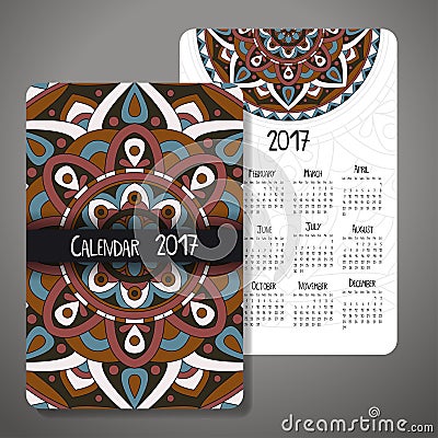 Vector calendar 2017 with decoraive elements. Vector mandala design. Template can be used for web and print design. Vector Illustration