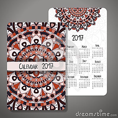 Vector calendar 2017 with decoraive elements. Vector mandala design. Template can be used for web and print design. Vector Illustration