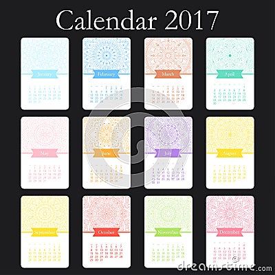 Vector calendar 2017 with decoraive elements. Vector mandala design. Template can be used for web and print design. Vector Illustration