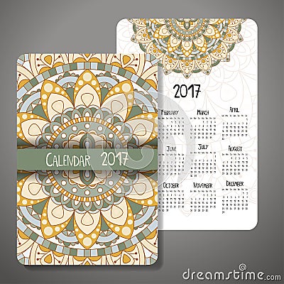 Vector calendar 2017 with decoraive elements. Vector mandala design. Template can be used for web and print design. Vector Illustration