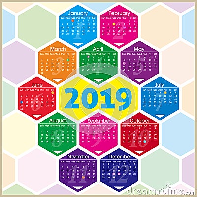 Vector year of 2019 calendar with hexagon pattern Vector Illustration