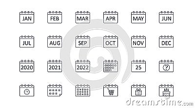 Vector calendar icons. Editable stroke. Icon with months of the year, 2020 2021 2022. Question sign 25 clock timetable schedule. Vector Illustration