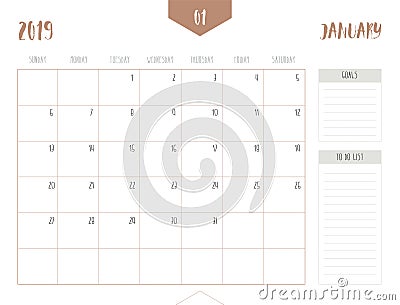 Vector of calendar 2019 January in simple clean table style Vector Illustration