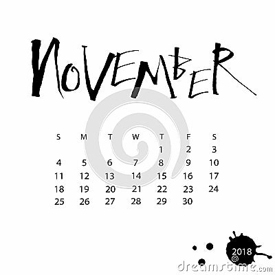 Vector calendar for November 2018. Vector Illustration