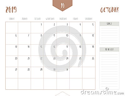 Vector of calendar 2019 October in simple clean table style Vector Illustration