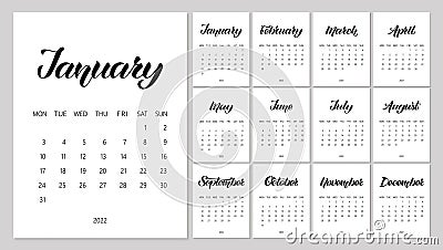 Vector Calendar Planner for 2022 Year with handdrawn lettering and color doodles. Set of 12 Months. Week Starts Monday Vector Illustration