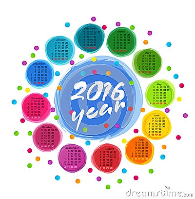 Vector calendar template with colorful circles for 2016 Vector Illustration