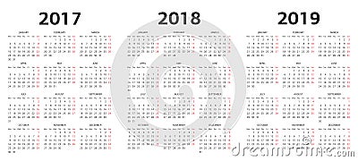 European vector calendar templates 2017, 2018, 2019 Vector Illustration