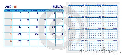 Vector of Calendar 2017 year , 12 month calendar with simple basi Vector Illustration