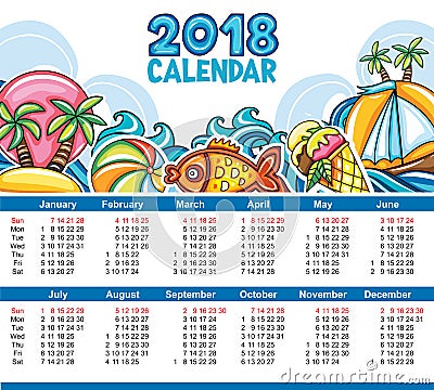 Vector calendar 2018 year. Starts Sunday Vector Illustration