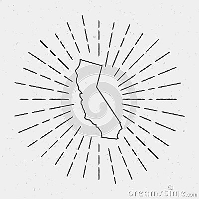 Vector California Map Outline with Retro Sunburst. Vector Illustration