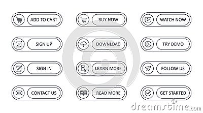 Vector call to action buttons with icons. Add to cart get started watch now. Read more learn more. Contact us follow us download Vector Illustration