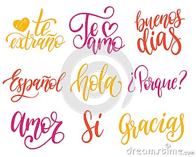 Vector calligraphic set of spanish translation of Thank You, Good Day etc. Common words hand lettering collection. Vector Illustration