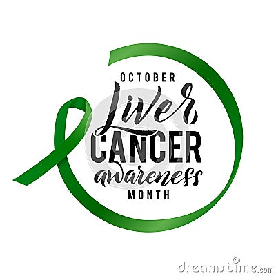 Vector Calligraphy Poster. Green White Awareness Ribbons of Liver Cancer Vector illustration Vector Illustration