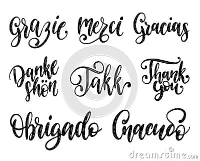 Vector calligraphy set of different languages translation of Thank You.Hand lettering of international thankfulness word Vector Illustration