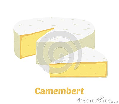 Vector camembert cheese block, triangle piece. Slice, chunk. Cartoon flat style. Vector Illustration