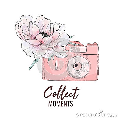 Vector camera with peony illustration. Collect moments vintage t-shirt print. Photo technology symbol. Pink girly poster Vector Illustration