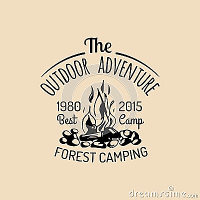 Vector camp logo. Tourism sign with hand drawn bonfire illustration. Retro hipster emblem, label of outdoor adventures. Vector Illustration