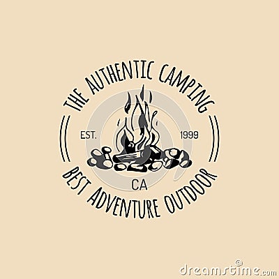 Vector camp logo. Tourism sign with hand drawn bonfire illustration. Retro hipster emblem, label of outdoor adventures. Vector Illustration