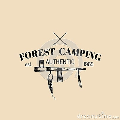 Vector camp logo. Tourist sign with hand drawn image of indian pipe and arrows. Retro label of outdoor adventures. Vector Illustration