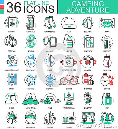 Vector Camping adventure flat line outline icons for apps and web design. Camping adventure icon. Vector Illustration